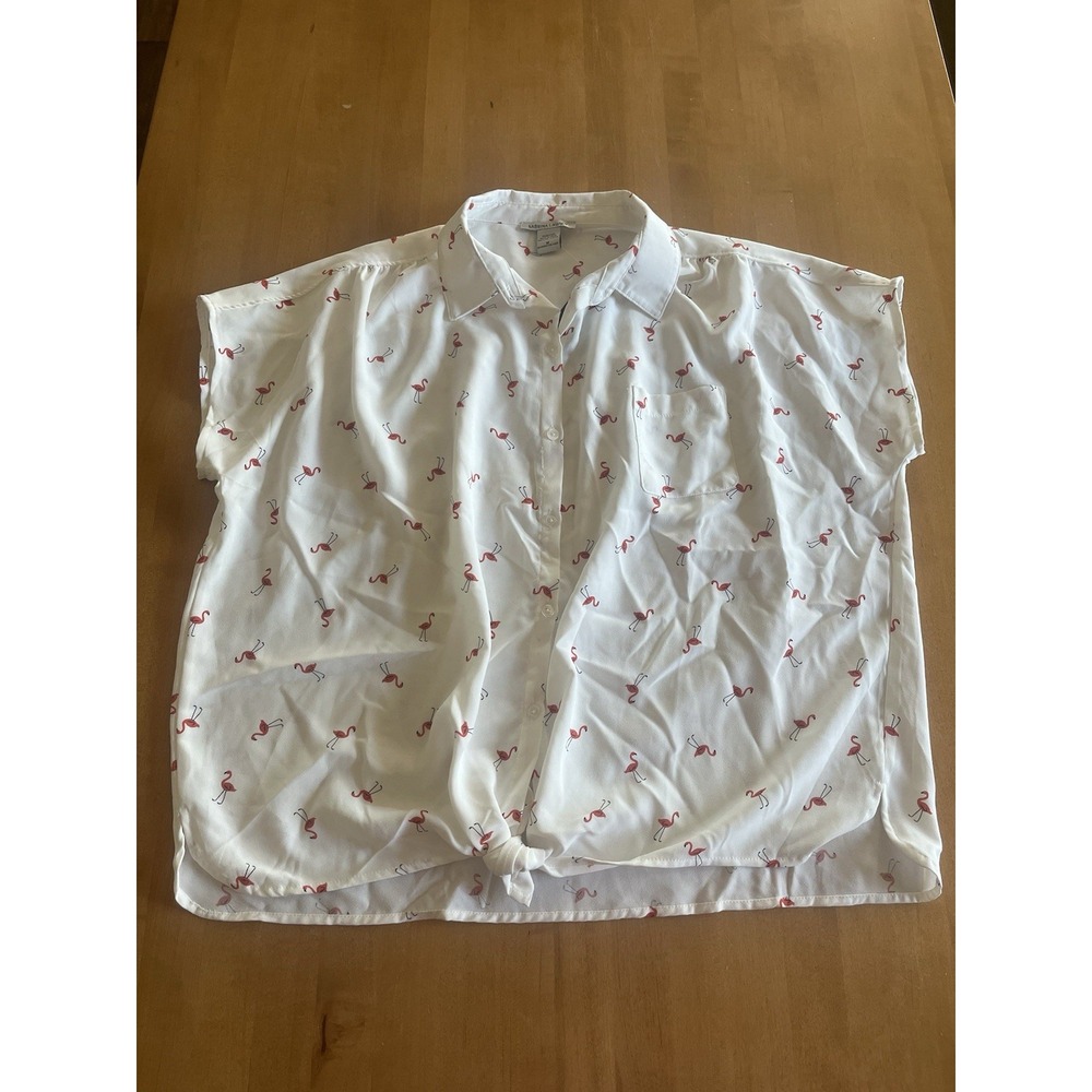 NWT Sabrina Lauren Womens M Flamingo Blouse Pink White Button Front Tie Hem